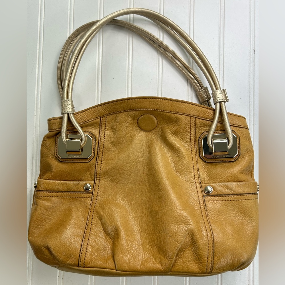 B Makowsky Purse Leather Tote Handbag Tan Metallic Handles Soft Designer
